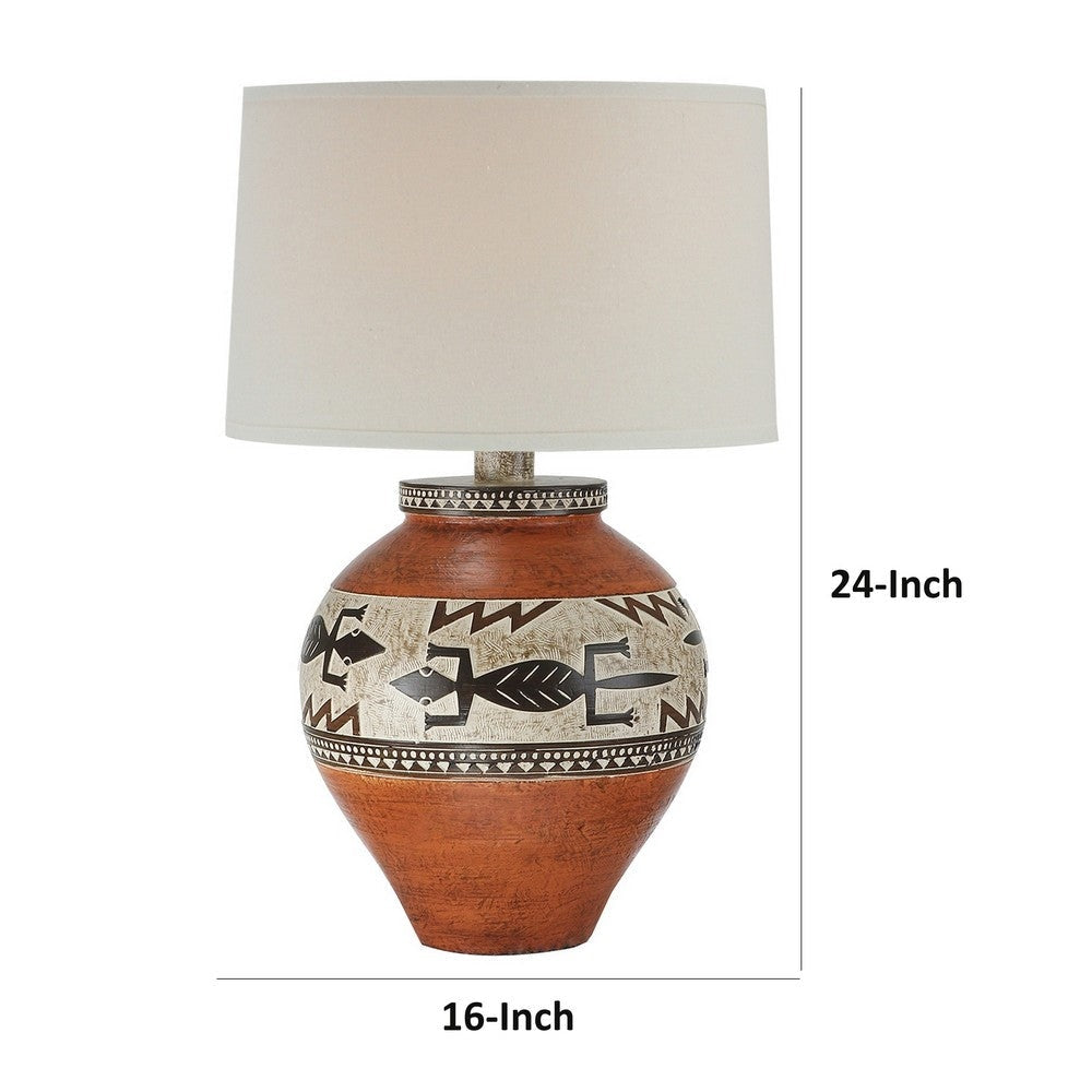 Kinn 24 Inch Hydrocal Table Lamp Drum Shade Tribal Style Urn Base Brown By Casagear Home BM305665