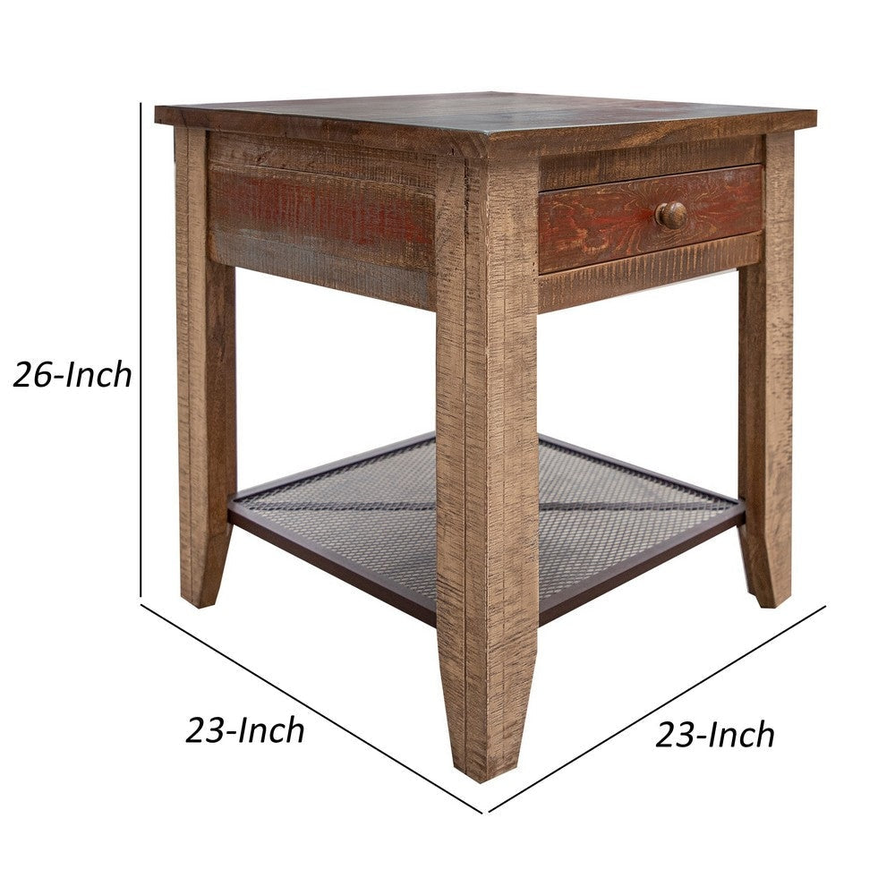 Fena 23 Inch Wide End Table Single Drawer Multicolor Distressed Pine Wood By Casagear Home BM306509