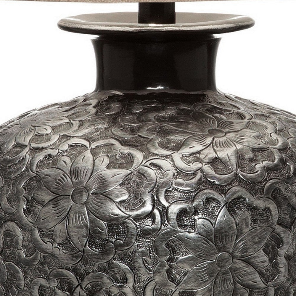 Neji 26 Inch Table Lamp Curved Pot Design Base Floral Pattern Silver By Casagear Home BM306576