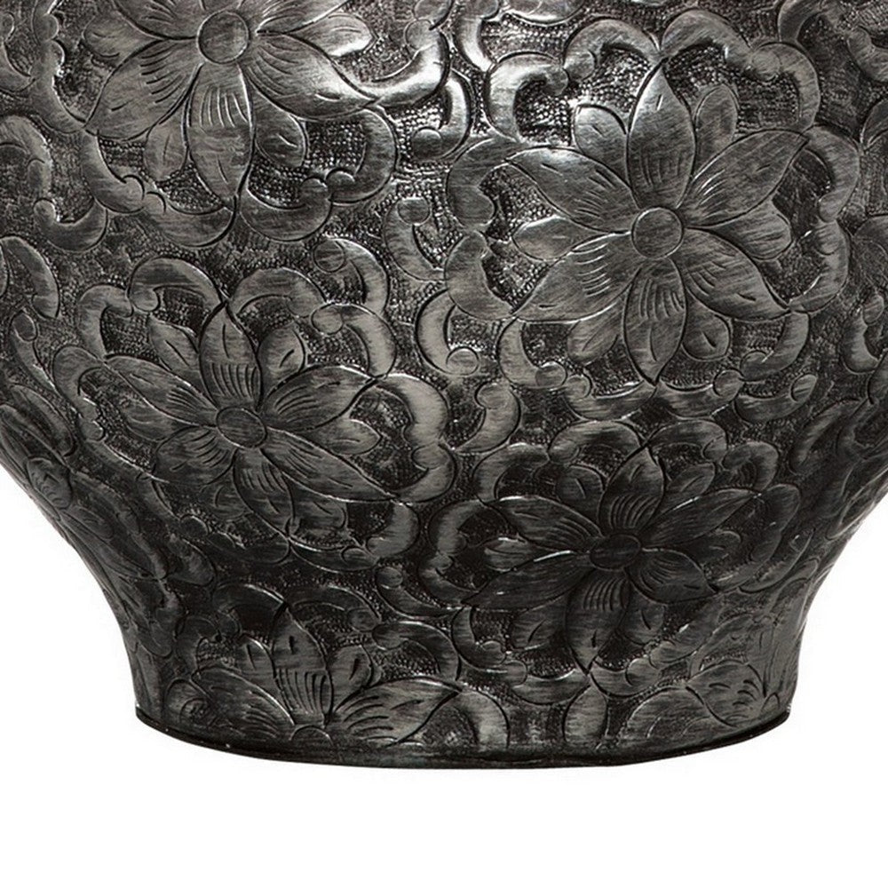 Neji 26 Inch Table Lamp Curved Pot Design Base Floral Pattern Silver By Casagear Home BM306576