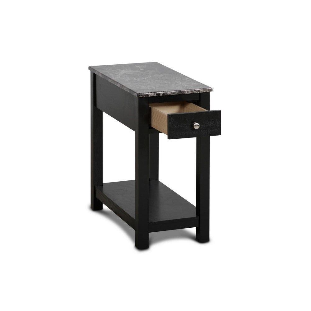 Zeva 24 Inch Modern Narrow Side Table Faux Marble Top Single Drawer Black By Casagear Home BM306715