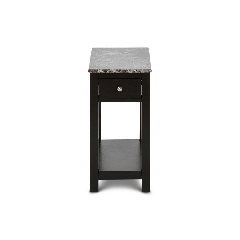 Zeva 24 Inch Modern Narrow Side Table Faux Marble Top Single Drawer Black By Casagear Home BM306715