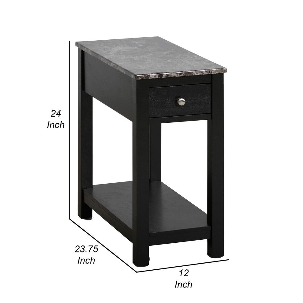 Zeva 24 Inch Modern Narrow Side Table Faux Marble Top Single Drawer Black By Casagear Home BM306715