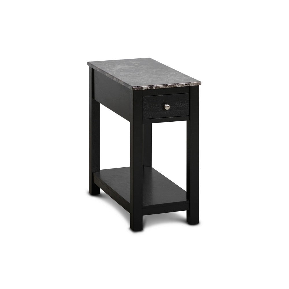 Zeva 24 Inch Modern Narrow Side Table, Faux Marble Top, Single Drawer, Black By Casagear Home