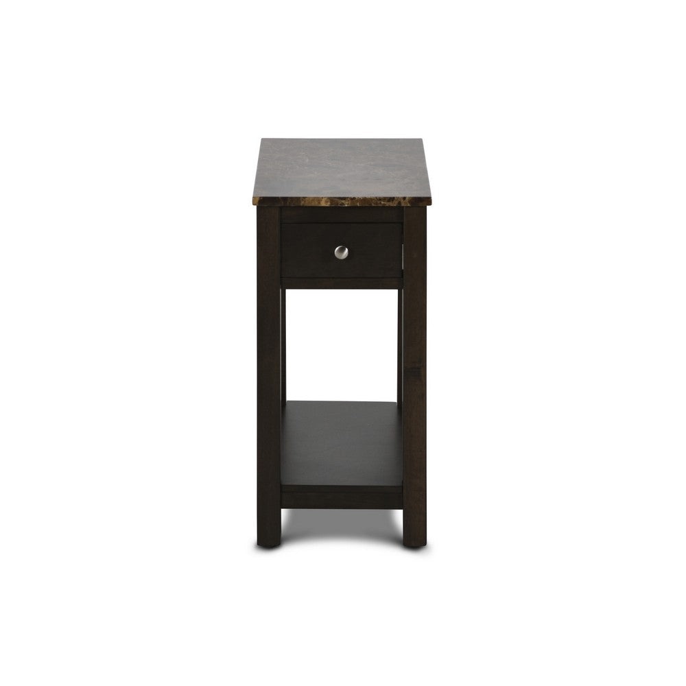 Zeva 24 Inch Narrow Side End Table Faux Marble Top 1 Drawer Brown By Casagear Home BM306716