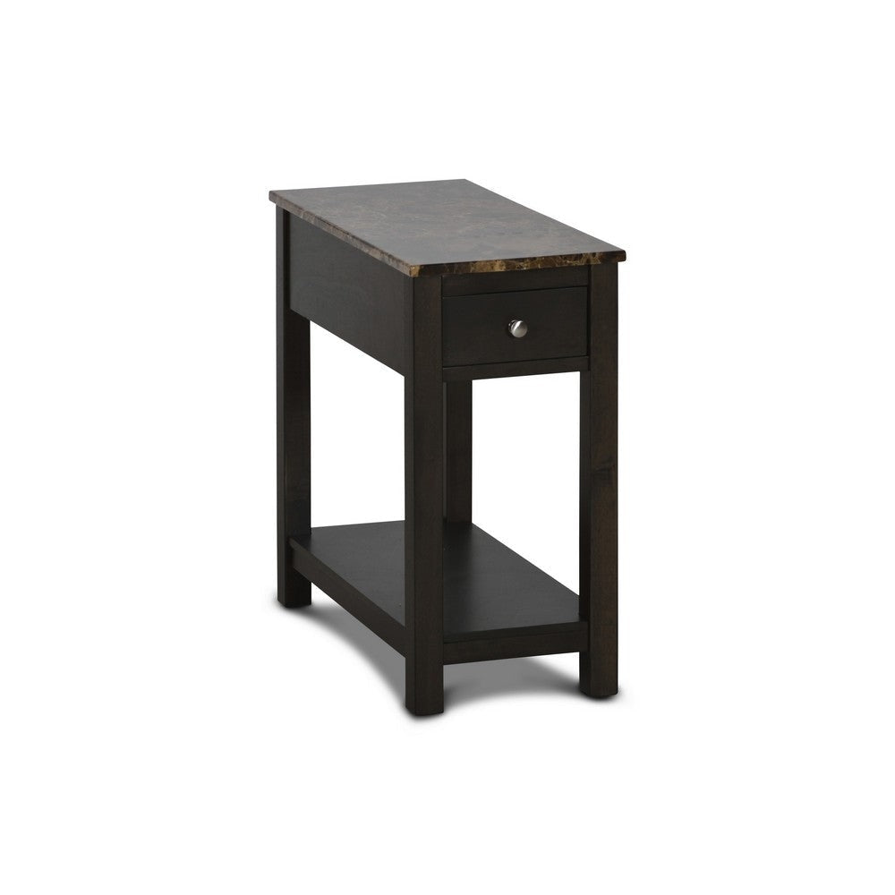 Zeva 24 Inch Narrow Side End Table, Faux Marble Top, 1 Drawer, Brown By Casagear Home