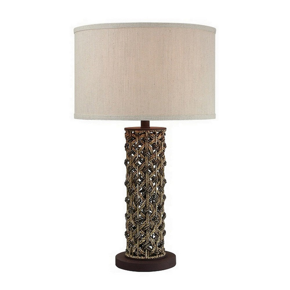 27 Inch Table Lamp Woven Rope Design Drum Shade Rattan Wood Brown By Casagear Home BM308913