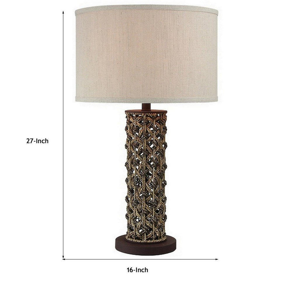 27 Inch Table Lamp Woven Rope Design Drum Shade Rattan Wood Brown By Casagear Home BM308913