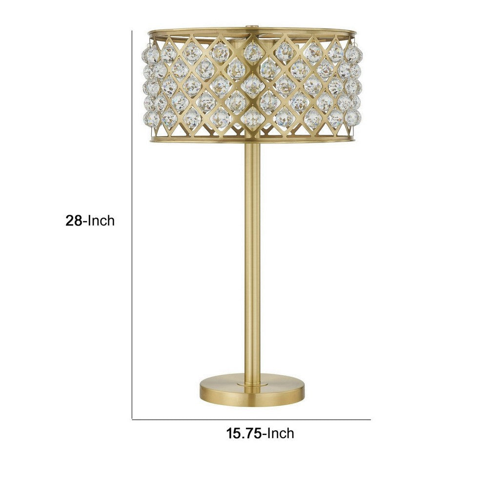 Dany 28 Inch Table Lamp with Crystal Drum Shade Gold Brass Metal Base By Casagear Home BM308915