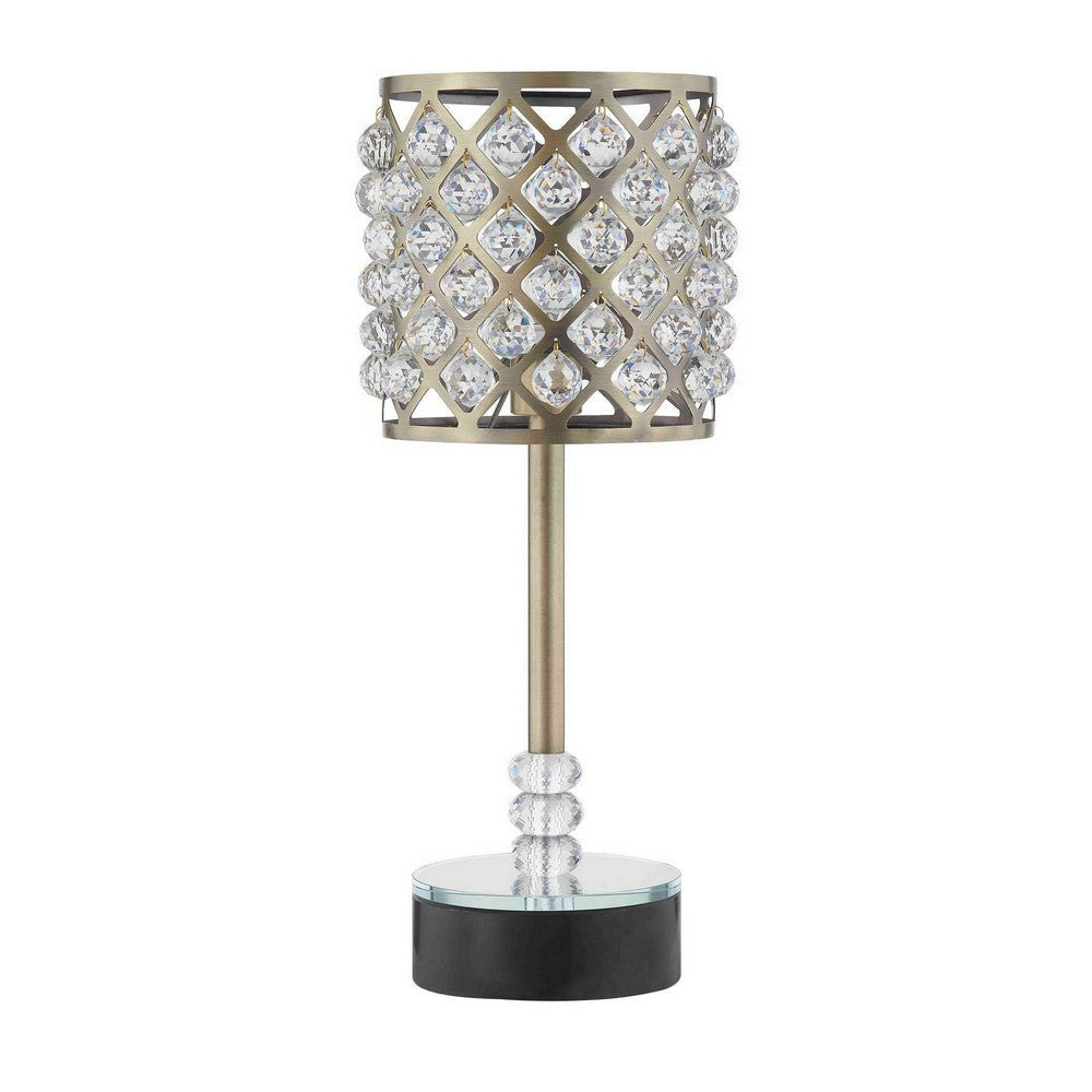 Dany 24 Inch Table Lamp with Crystal Drum Shade, Black Metal, Antique Brass By Casagear Home