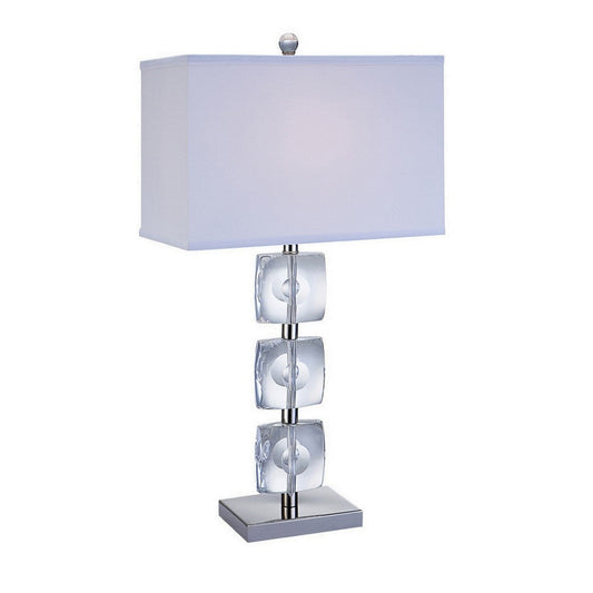 28 Inch Table Lamp, Crystal Stand, White Rectangular Shade, Metal, Clear  By Casagear Home