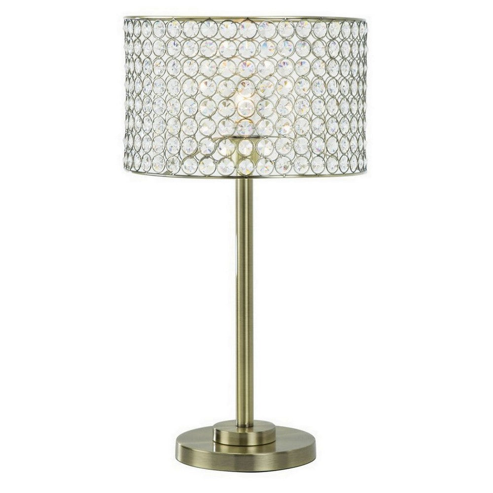 25 Inch Table Lamp with Round Crystal Drum Shade Metal Antique Brass By Casagear Home BM308925