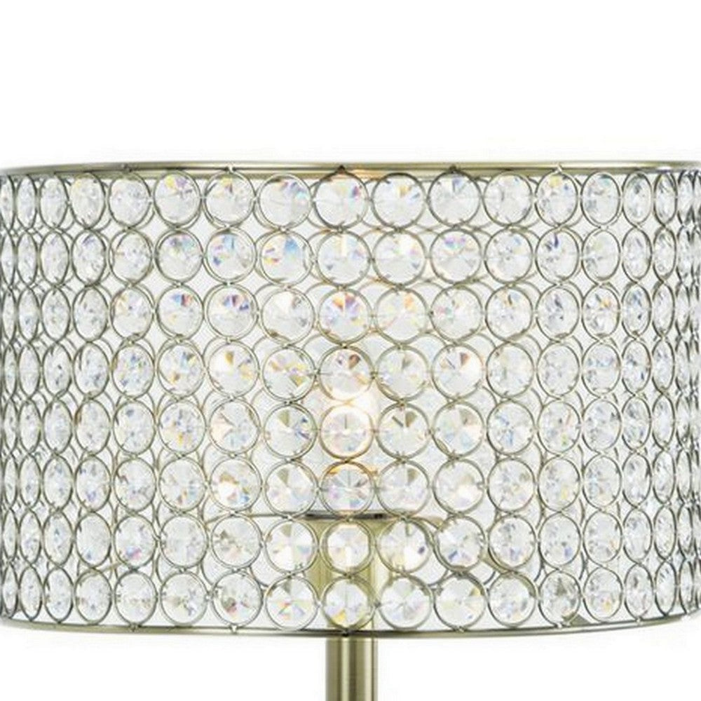 25 Inch Table Lamp with Round Crystal Drum Shade Metal Antique Brass By Casagear Home BM308925