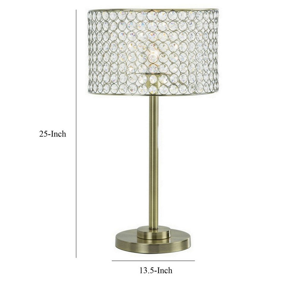 25 Inch Table Lamp with Round Crystal Drum Shade Metal Antique Brass By Casagear Home BM308925