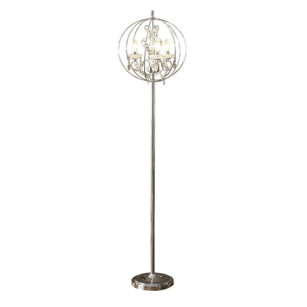 Shine 61 Inch Floor Lamp, Chandelier Style, Crystal and Metal, Chrome By Casagear Home