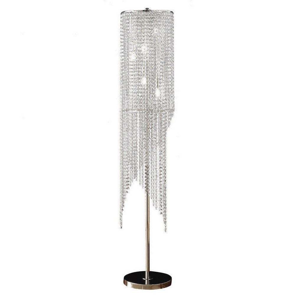 Mindy 62 Inch Floor Lamp, Crystal Raindrops Design, Metal, Clear Finish By Casagear Home