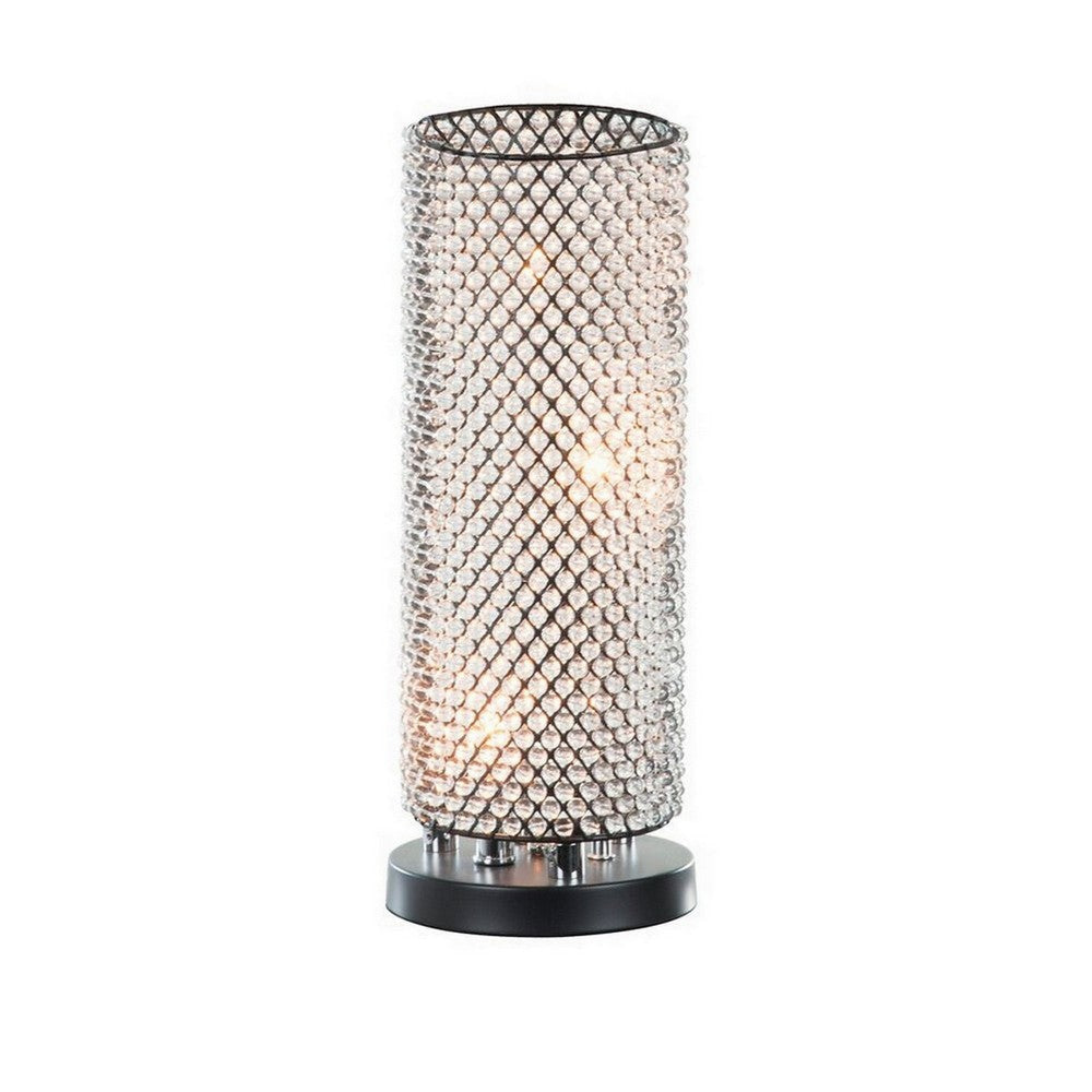 16 Inch Table Lamp, Crystal Cylinder Shade, Metal Mesh, Antique Bronze By Casagear Home