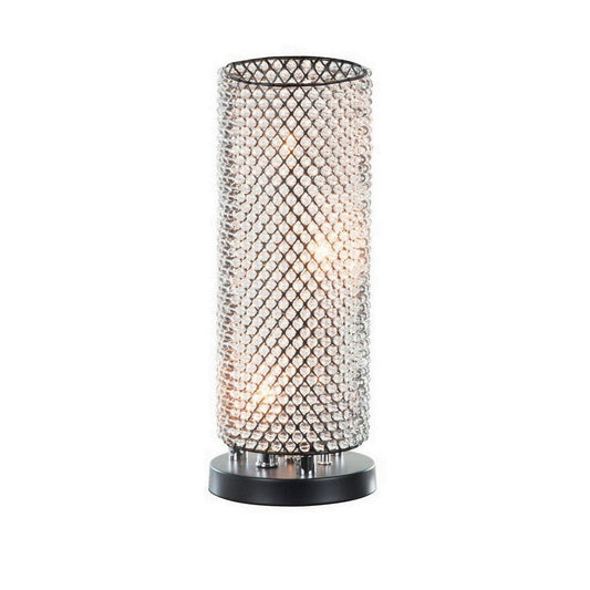 16 Inch Table Lamp, Crystal Cylinder Shade, Metal Mesh, Antique Bronze By Casagear Home