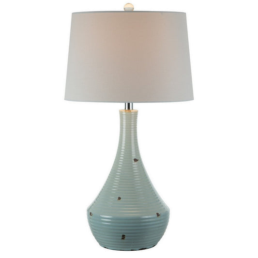 28 Inch Table Lamp with Clean Lines, Empire Shade, Ceramic, Teal Blue By Casagear Home