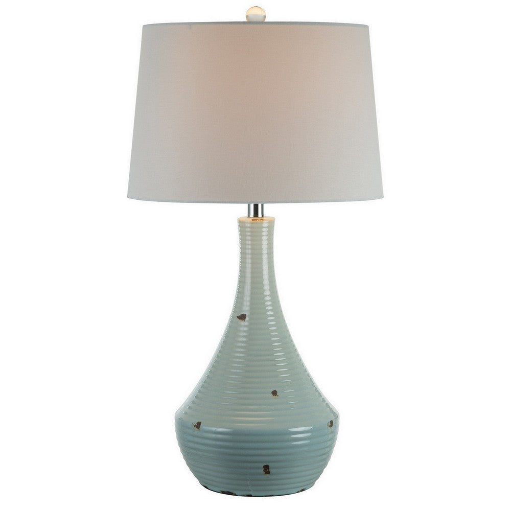 28 Inch Table Lamp with Clean Lines Empire Shade Ceramic Teal Blue By Casagear Home BM308938