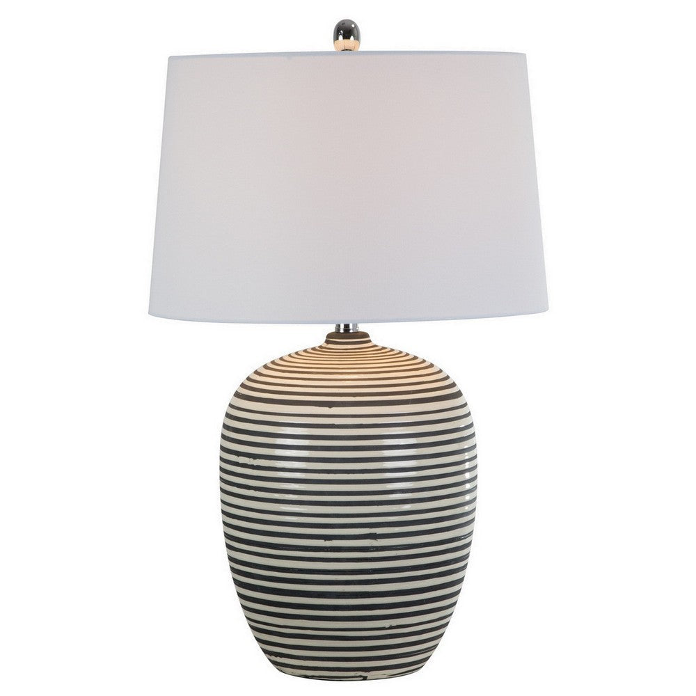 28 Inch Table Lamp, Lined Design, Empire Shade, Ceramic, Beige Taupe  By Casagear Home