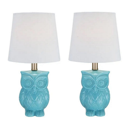 18 Inch Table Lamp with Owl Stand, Set of 2, Ceramic, Aqua Haze Finish By Casagear Home