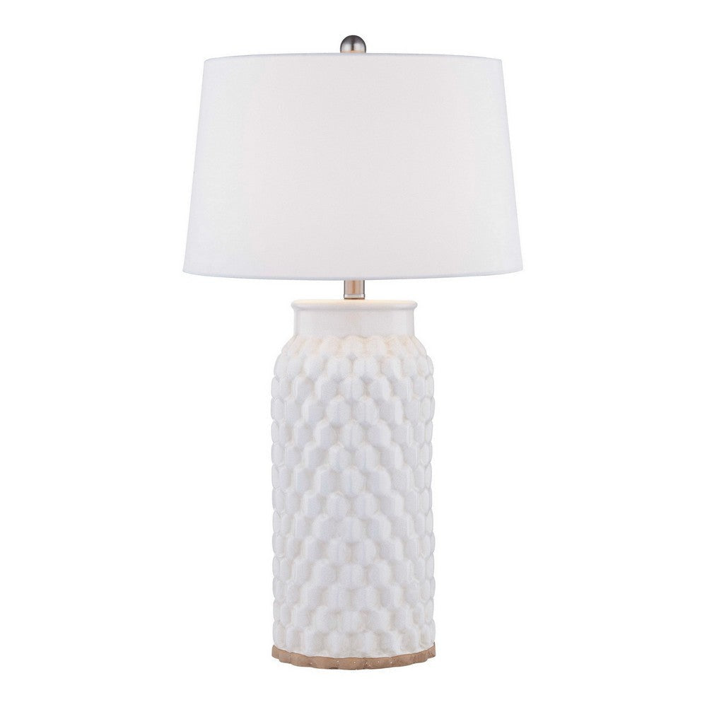 28 Inch Table Lamp, Textured Stand, Gold Trim, Ceramic, Crackle Cream By Casagear Home