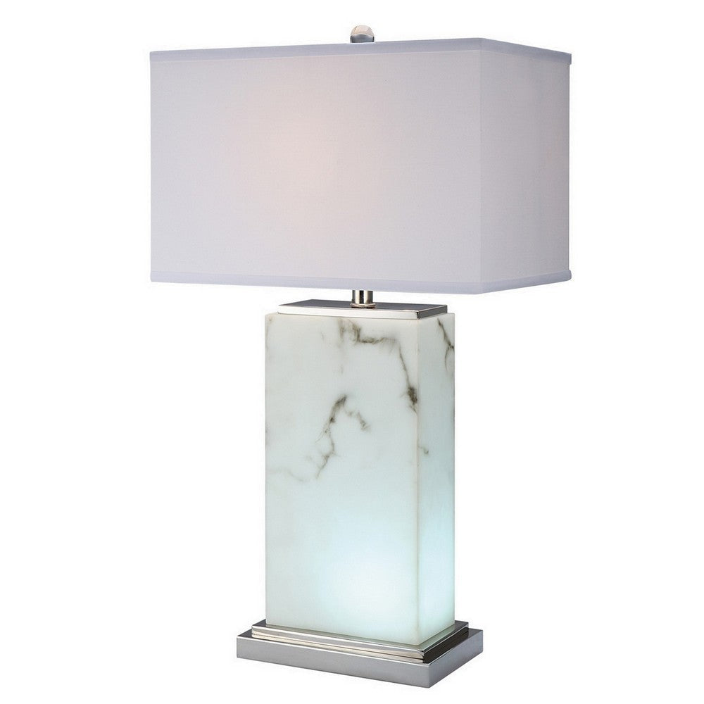 29 Inch Table Lamp, White Marble Stand, Rectangular Shade, Metal Base By Casagear Home