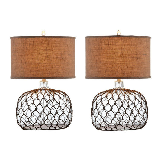 24 Inch Table Lamp with Netted Twine Base, Set of 2, Glass, Brown and Clear By Casagear Home