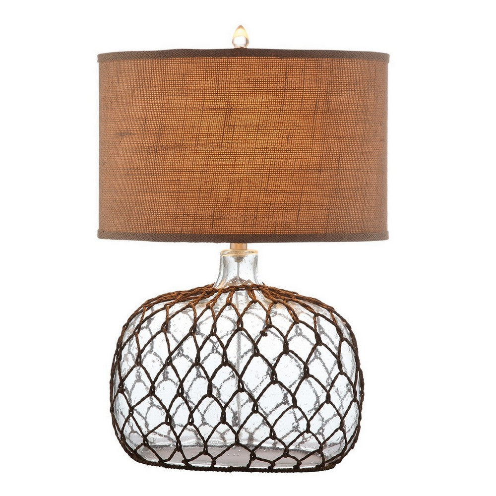 24 Inch Table Lamp with Netted Twine Base Set of 2 Glass Brown and Clear By Casagear Home BM308946