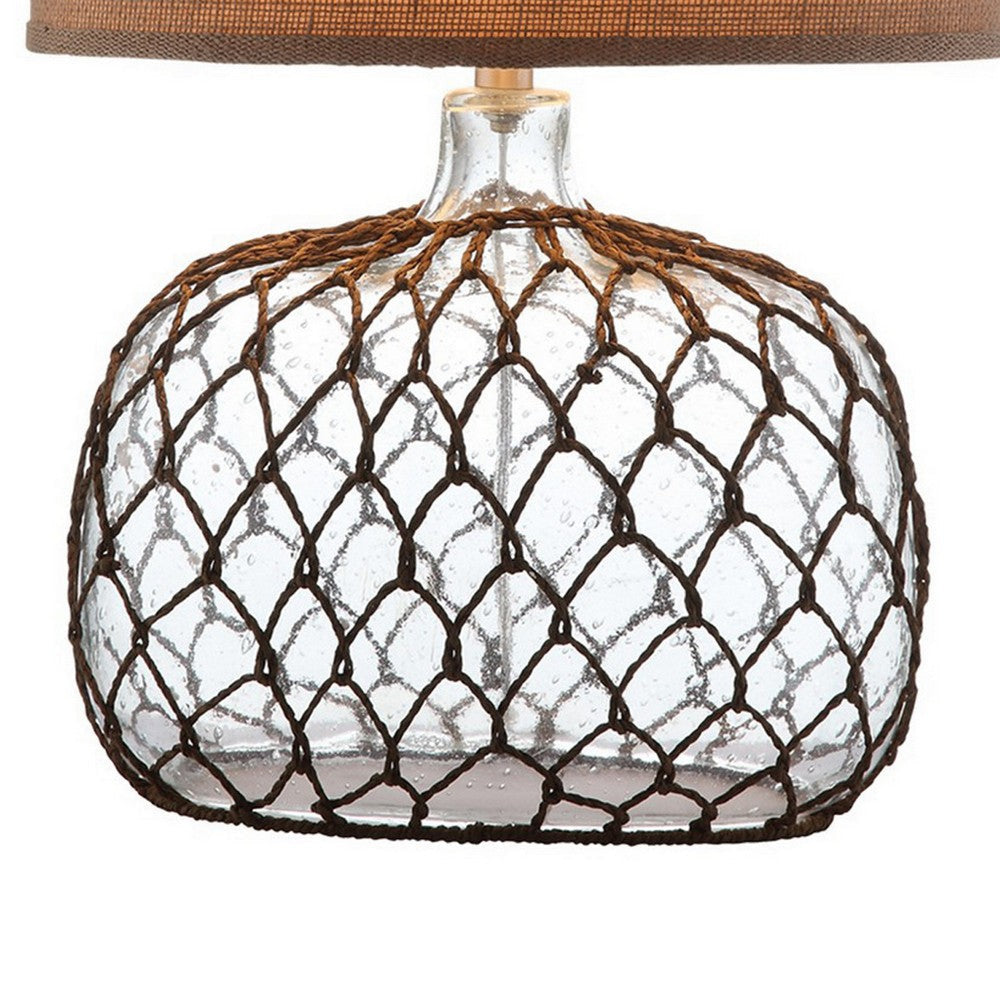 24 Inch Table Lamp with Netted Twine Base Set of 2 Glass Brown and Clear By Casagear Home BM308946