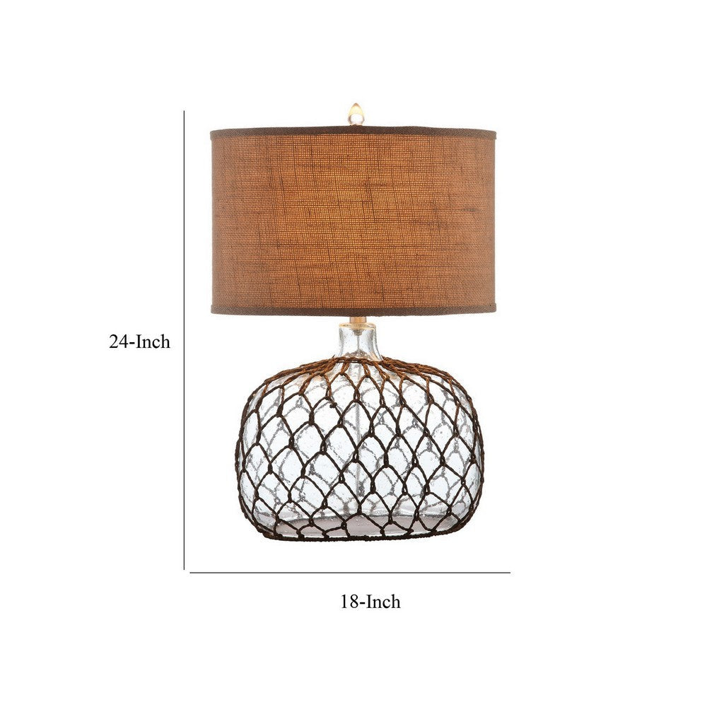 24 Inch Table Lamp with Netted Twine Base Set of 2 Glass Brown and Clear By Casagear Home BM308946