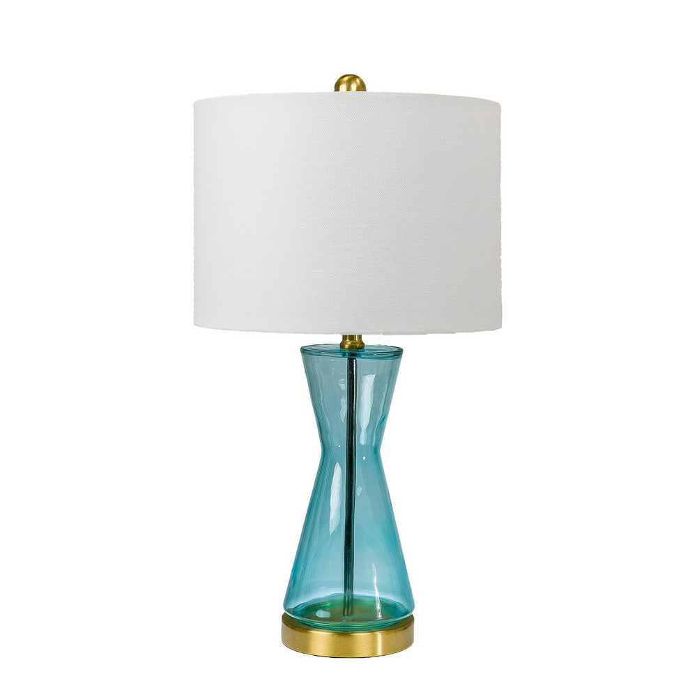 Elma 24 Inch Table Lamp Set of 2, Hourglass Stand, Gold Trim, Glass, Blue By Casagear Home