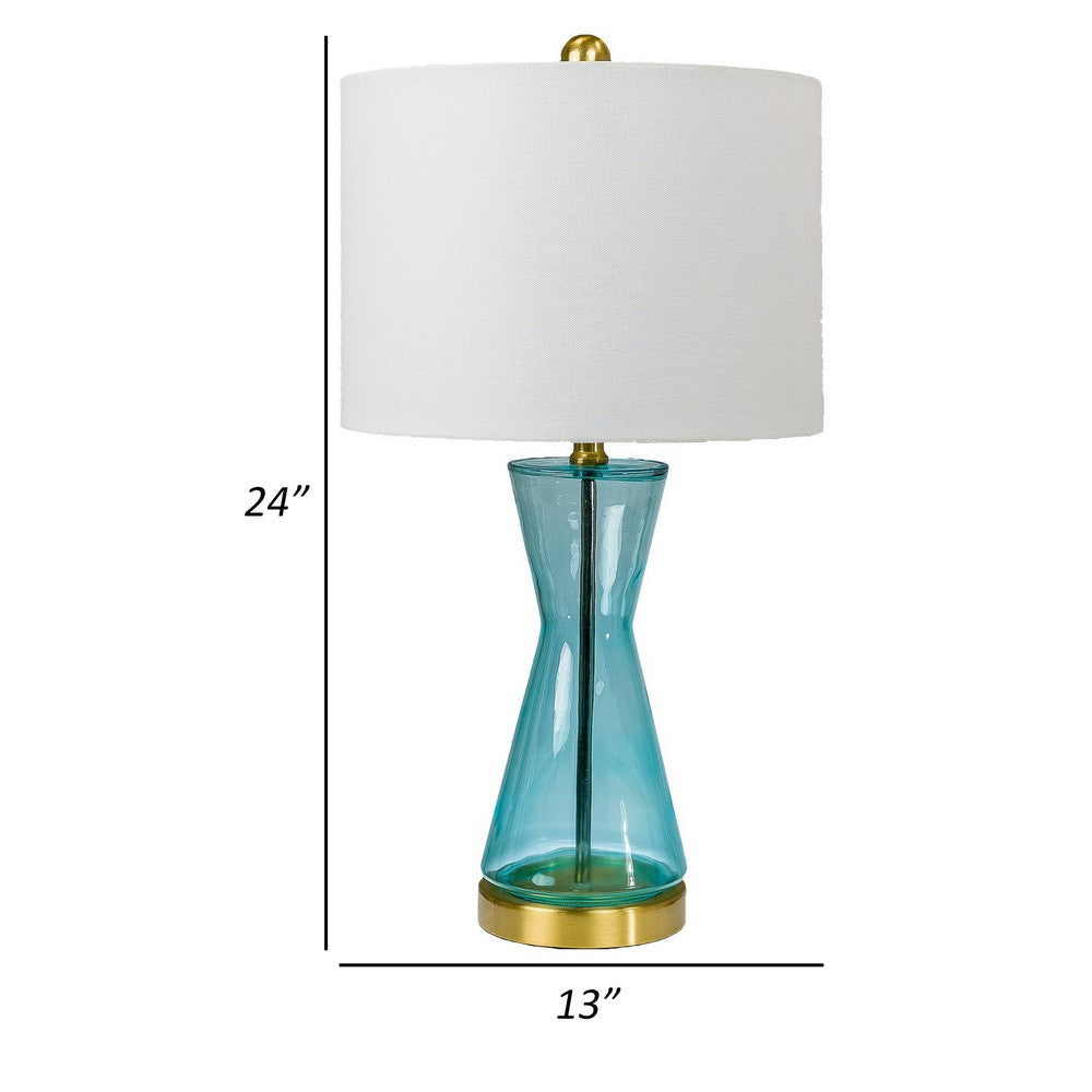 Elma 24 Inch Table Lamp Set of 2 Hourglass Stand Gold Trim Glass Blue By Casagear Home BM308966