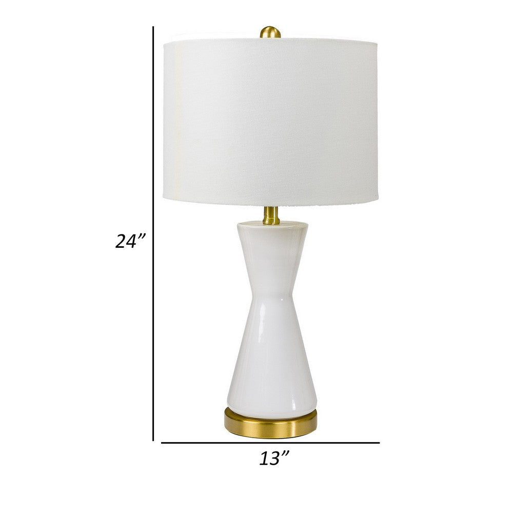 Elma 24 Inch Table Lamp Set of 2 Hourglass Stand Gold Trim Glass White By Casagear Home BM308967