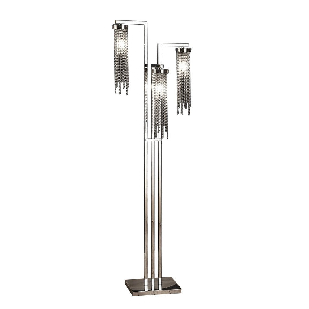 61 Inch Floor Lamp, 3 Crystal Cascade Style Shade, Chrome Finished Metal By Casagear Home