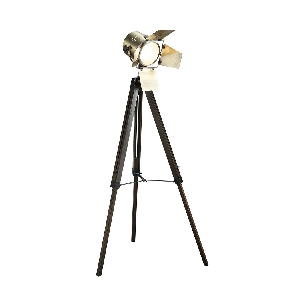 55 Inch Floor Lamp with Tripod Legs, Spotlight Design, Wood, Black Finish By Casagear Home