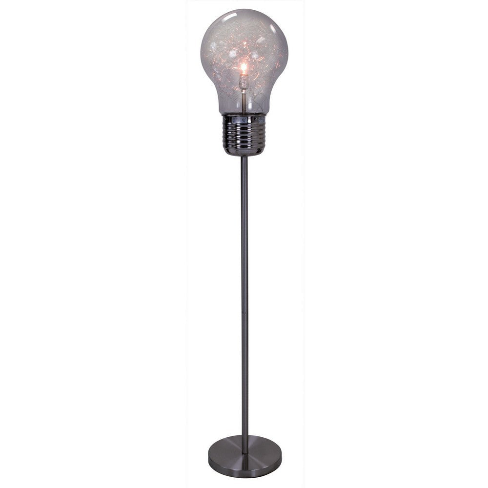 Febe 65 Inch Floor Lamp, Large Bulb Shade, Glass, Metal, Black Nickel By Casagear Home