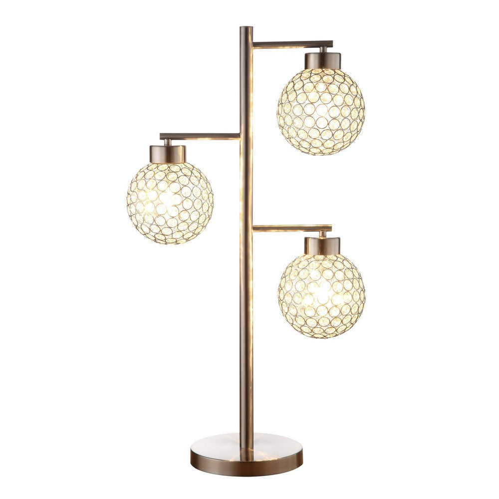 Fern 30 Inch Table Lamp with 3 Crystal Orb Shades, Metal, Sand Chrome By Casagear Home