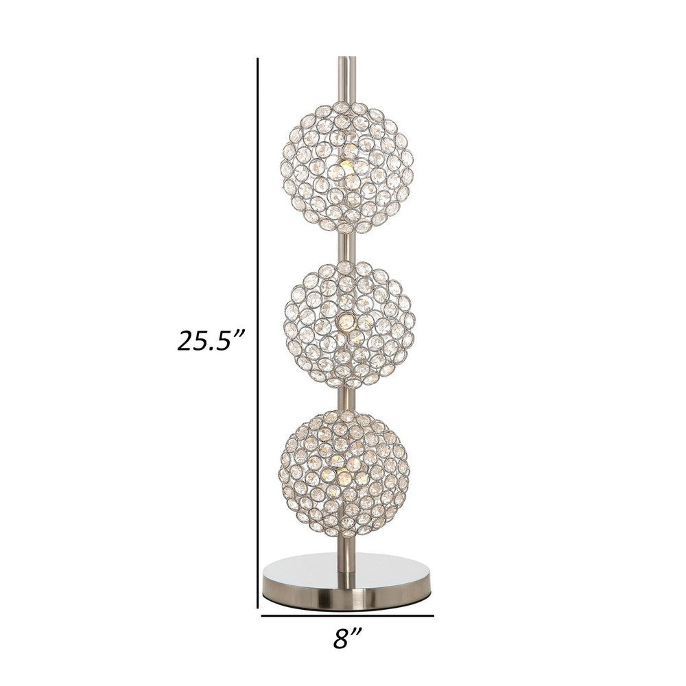 26 Inch Table Lamp with 3 Crystal Rounds Shades Sand Chrome Finished Metal By Casagear Home BM308982