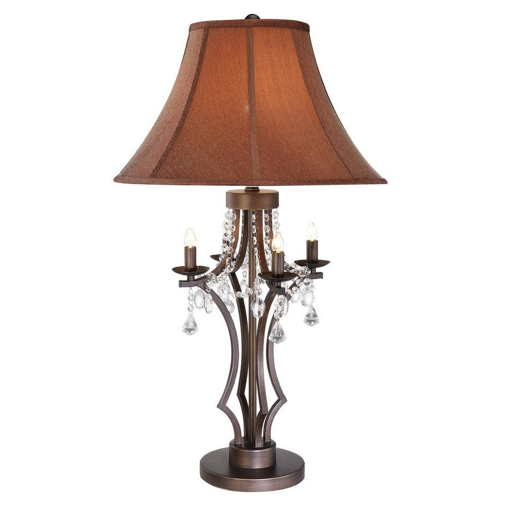 35 Inch Table Lamp, Empire Fabric Shade, Crystal, Antique Bronze Base By Casagear Home