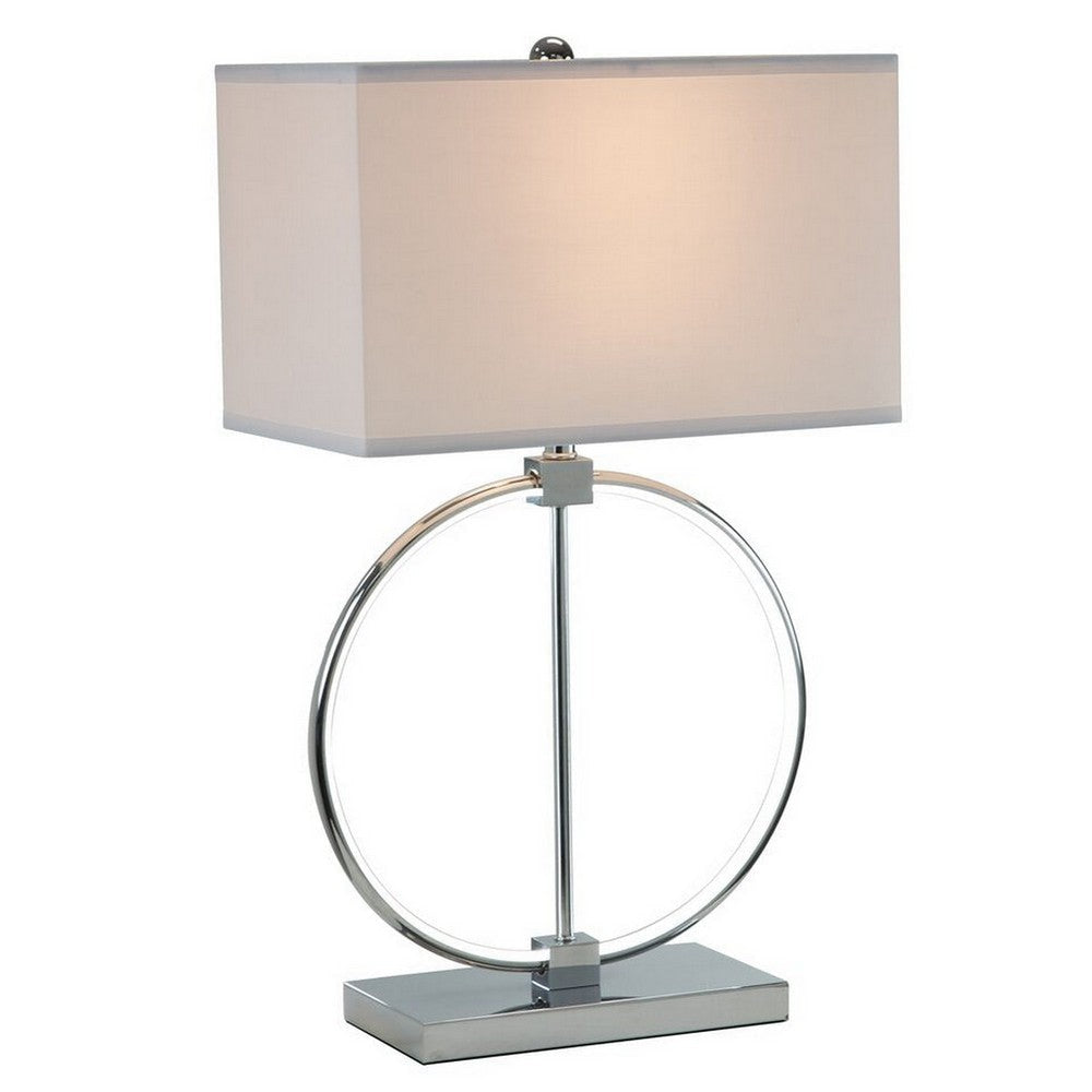 27 Inch Table Lamp, Rectangular Fabric Shade, Modern Silver Metal Base By Casagear Home