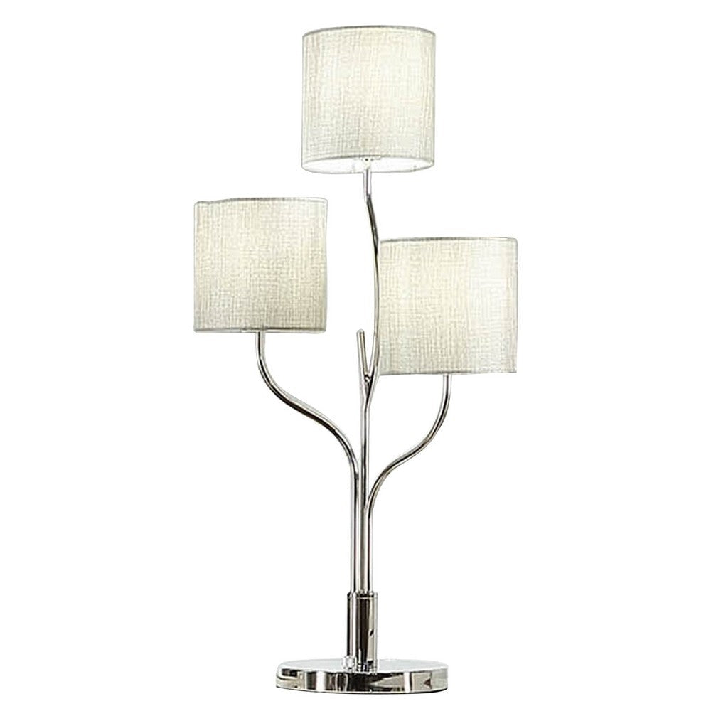 Indi 30 Inch Table Lamp, 3 Drum Fabric Shade, Round Metal Base, Silver By Casagear Home