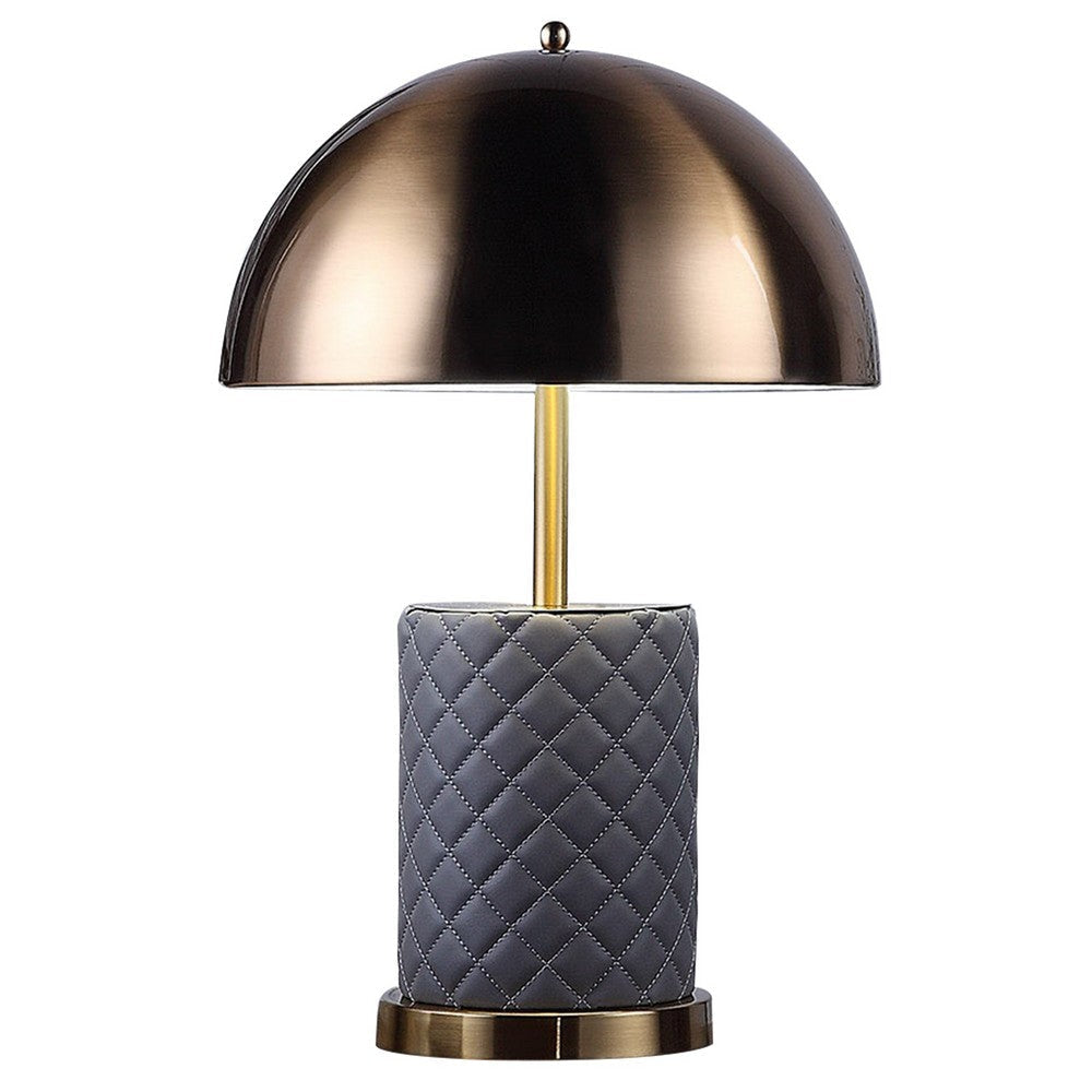 Aria 21 Inch Table Lamp, Dome Shade, Round Base, Gray Faux Leather, Brass By Casagear Home