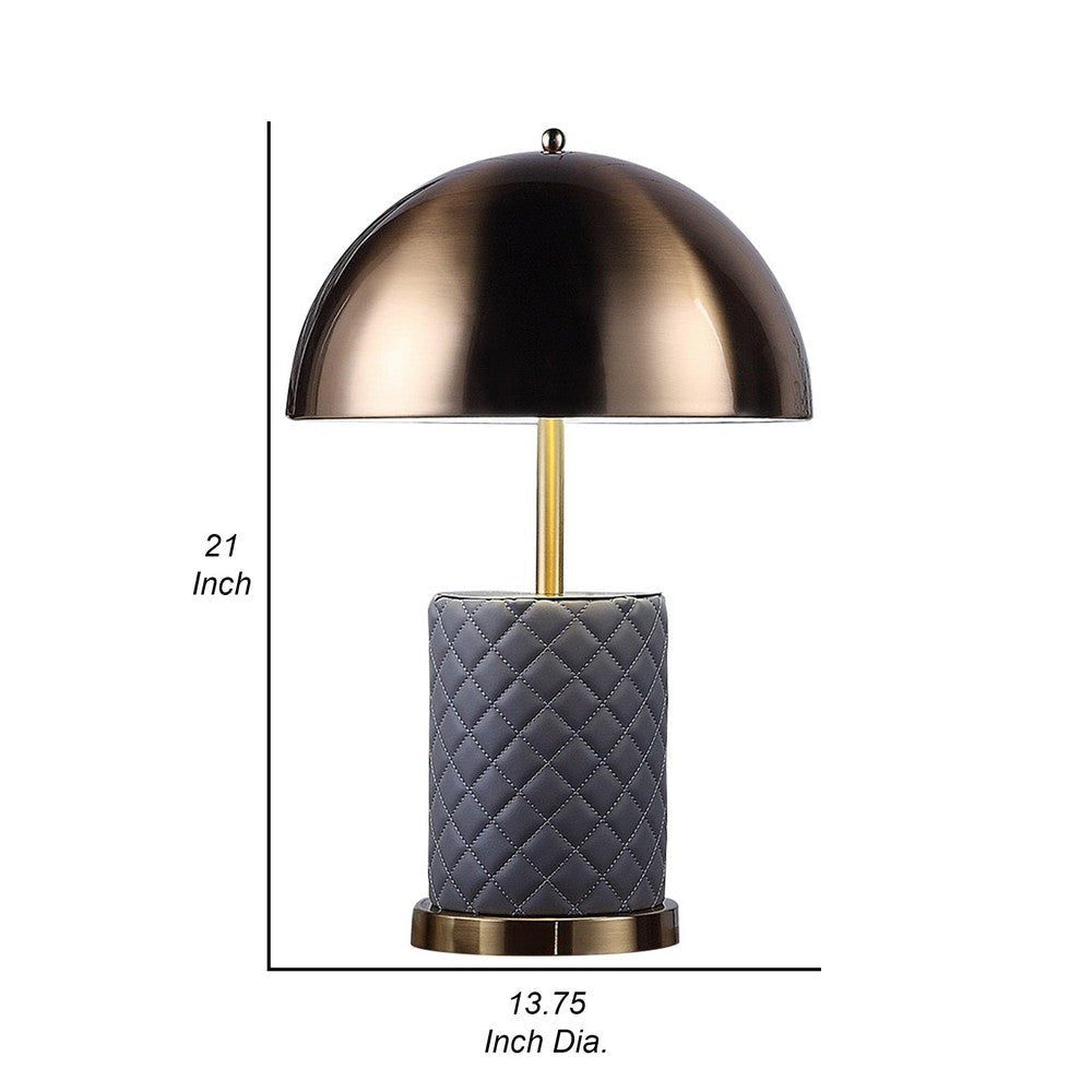 Aria 21 Inch Table Lamp Dome Shade Round Base Gray Faux Leather Brass By Casagear Home BM309063