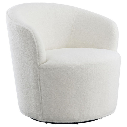 30 Inch Swivel Accent Chair, Barrel Inspired Design, Faux Sheepskin, White By Casagear Home