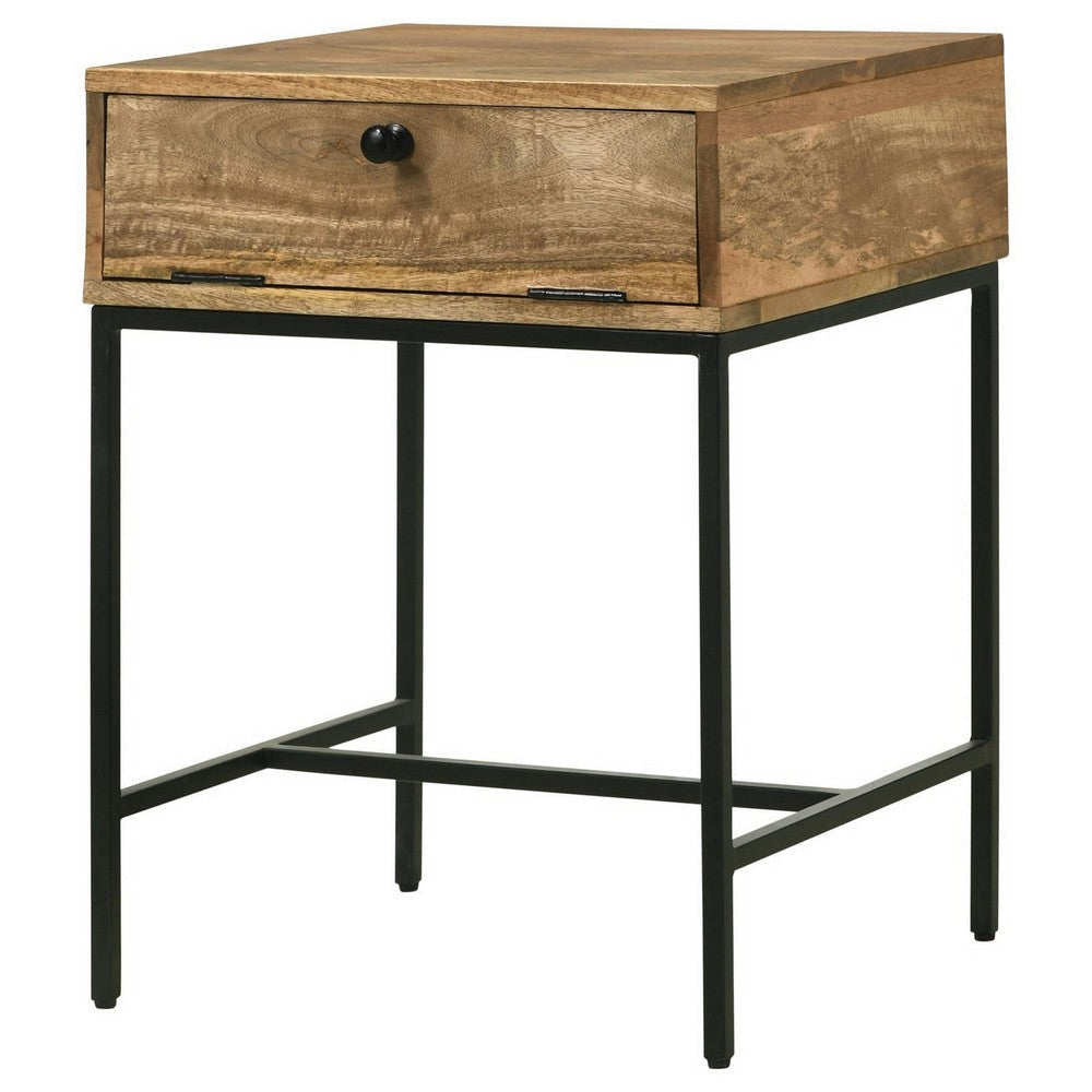 24 Inch End Table with Slender Iron Base Honey Brown Mango Wood Frame By Casagear Home BM309169