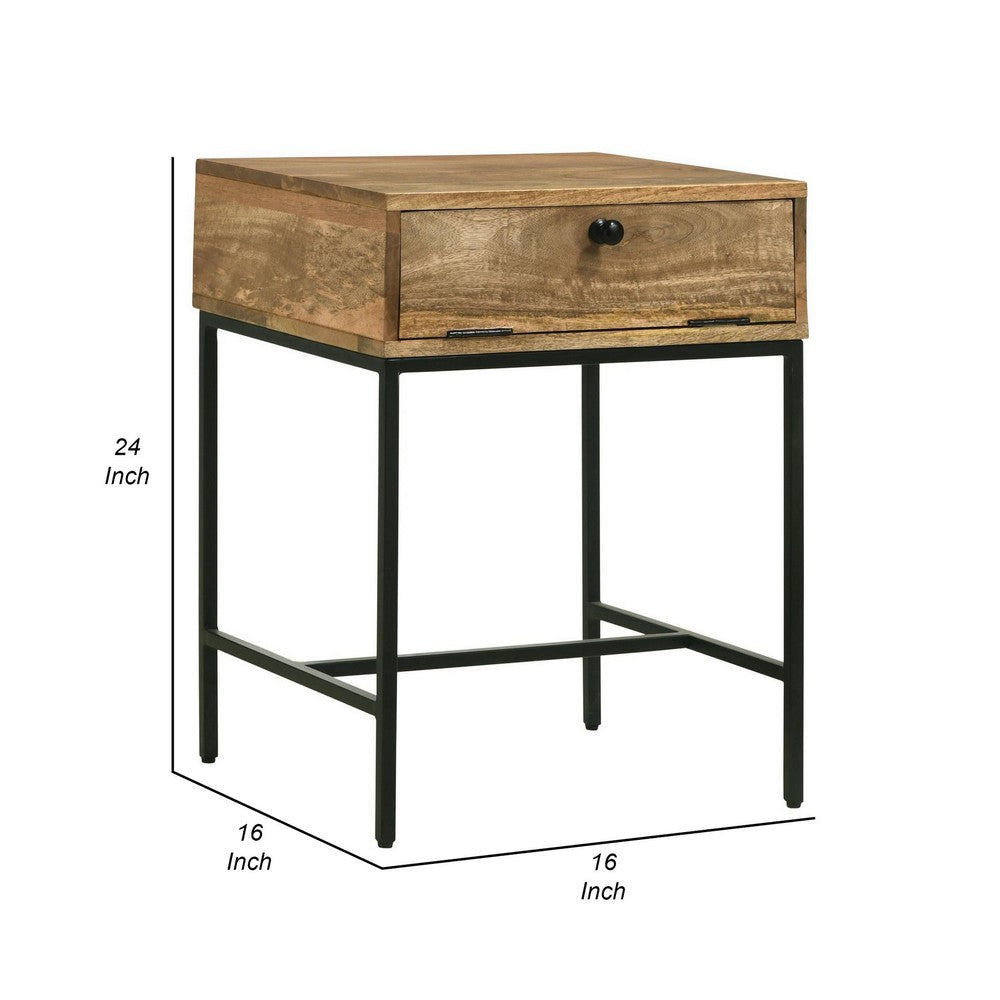 24 Inch End Table with Slender Iron Base Honey Brown Mango Wood Frame By Casagear Home BM309169