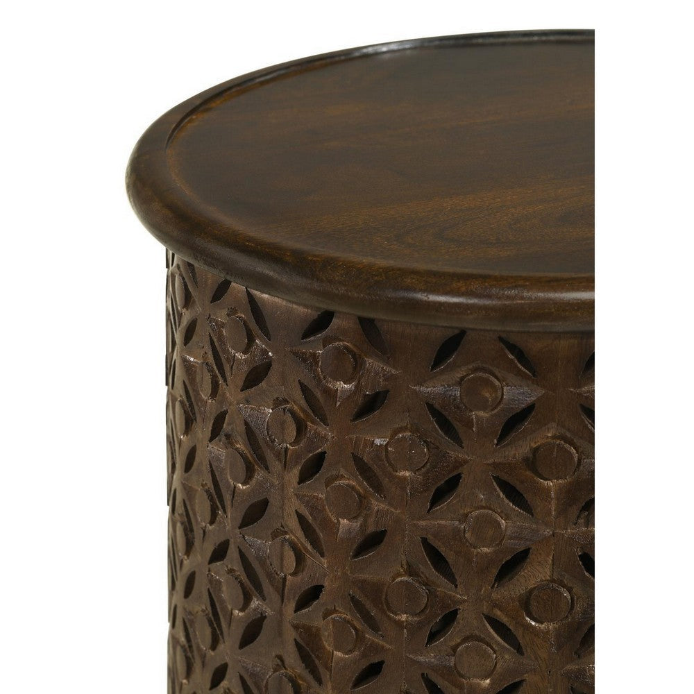 Kyra 18 Inch Round Side Table Ornate Lattice Carving Mango Wood Brown By Casagear Home BM309201