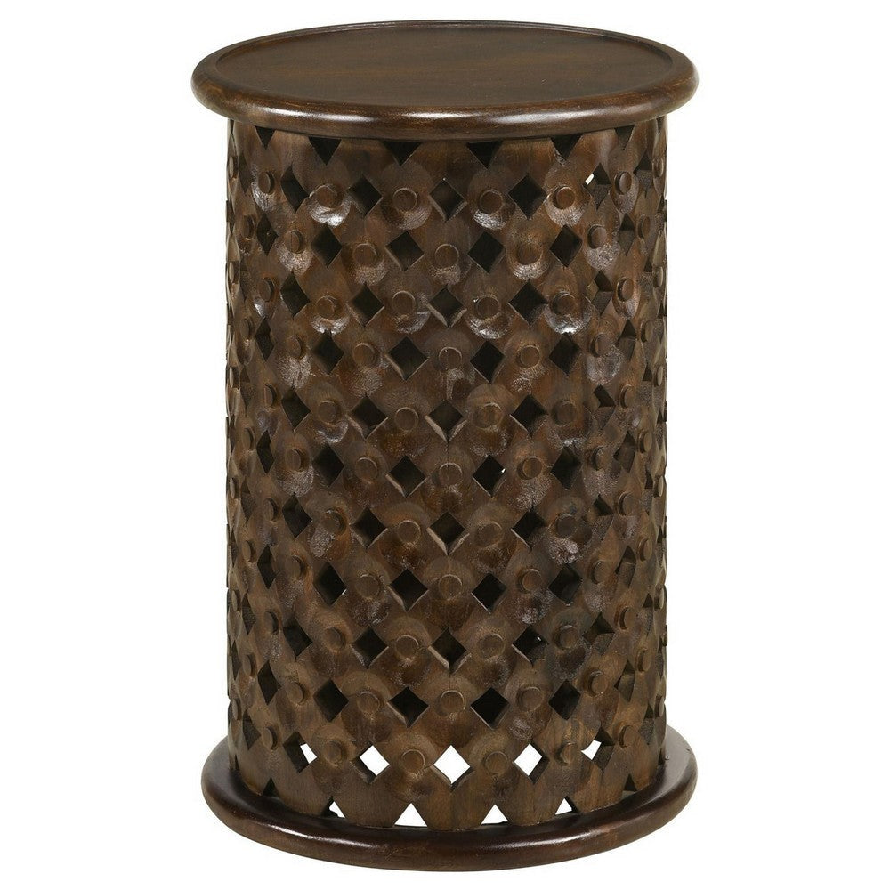 Kyra 24 Inch Round Side Table, Ornate Lattice Carving, Mango Wood, Brown By Casagear Home